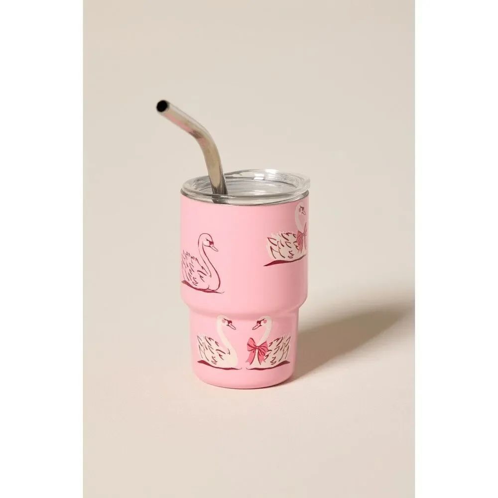 Pink Swan Print Mini Tumbler Cup With Lid & Metal Straw Travel Mug
